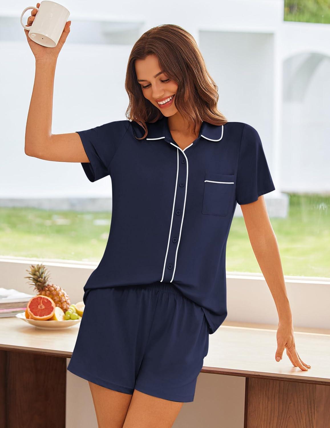 imageEkouaer Womens Pajama Sets Button Down Lounge Set 2 Piece Loungewear Soft Sleepwear Short Sleeve Pjs with PocketsNavy Blue