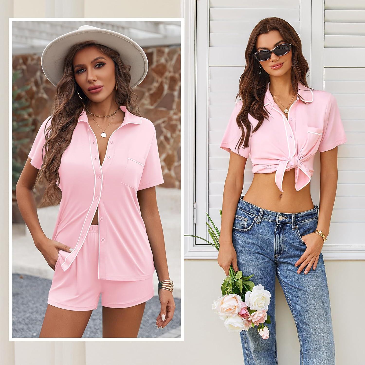 imageEkouaer Womens Pajama Sets Button Down Lounge Set 2 Piece Loungewear Soft Sleepwear Short Sleeve Pjs with PocketsPink