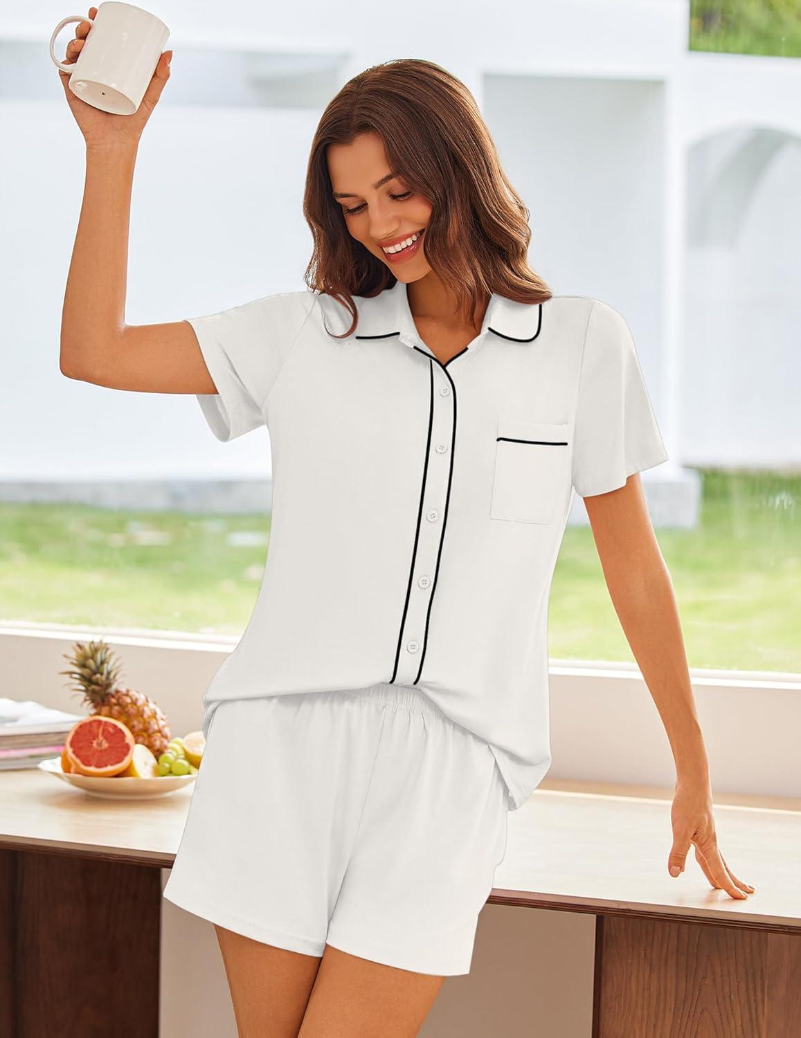 imageEkouaer Womens Pajama Sets Button Down Lounge Set 2 Piece Loungewear Soft Sleepwear Short Sleeve Pjs with PocketsWhite