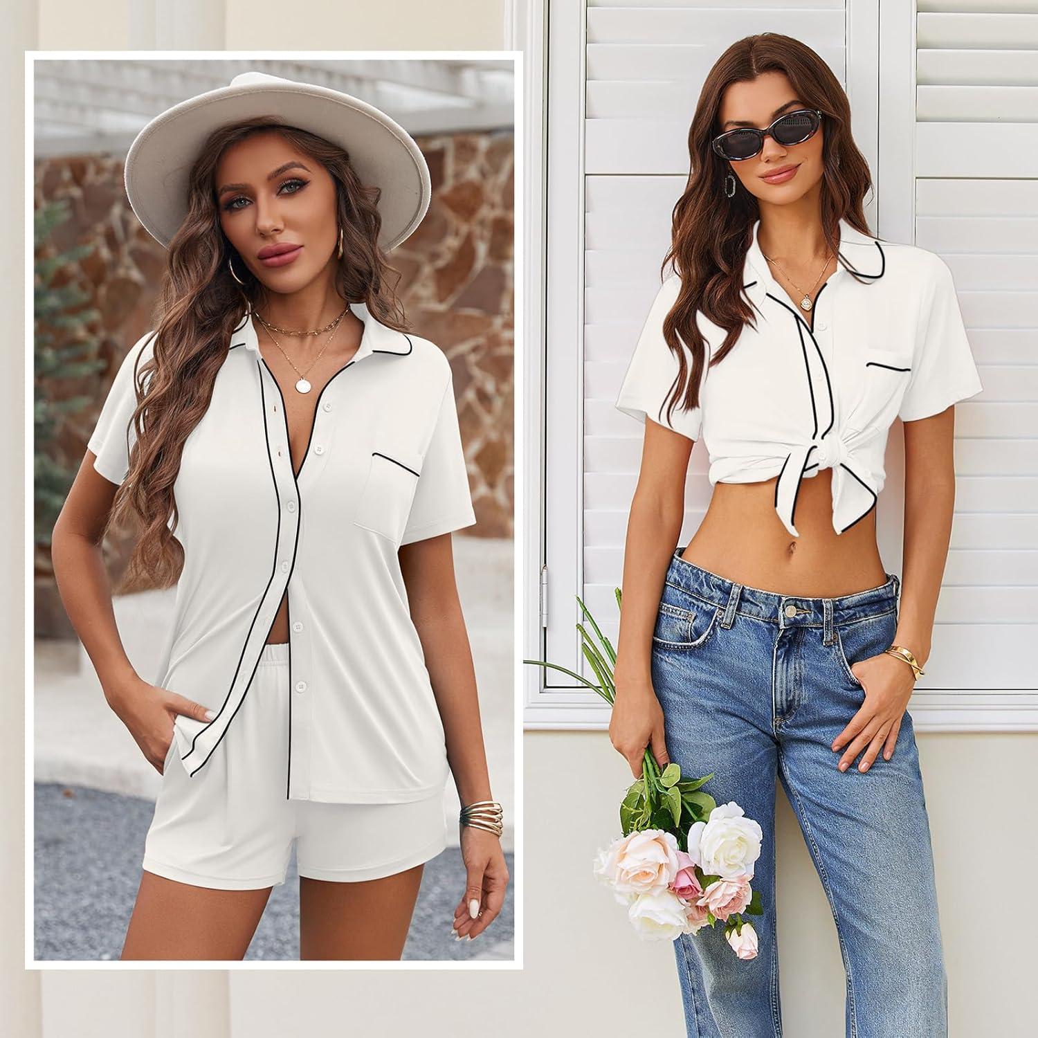 imageEkouaer Womens Pajama Sets Button Down Lounge Set 2 Piece Loungewear Soft Sleepwear Short Sleeve Pjs with PocketsWhite