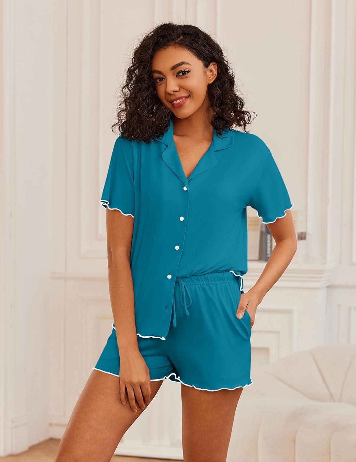 imageEkouaer Womens Pajama Sets Button Up Bride Pjs Set 2 Piece Soft Sleepwear Short Sleeve Lounge Sets with Shorts SXXLBlue Green