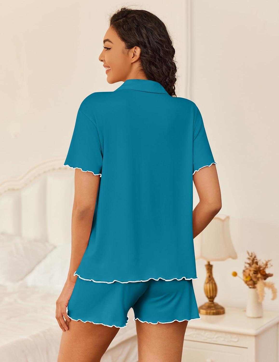 imageEkouaer Womens Pajama Sets Button Up Bride Pjs Set 2 Piece Soft Sleepwear Short Sleeve Lounge Sets with Shorts SXXLBlue Green