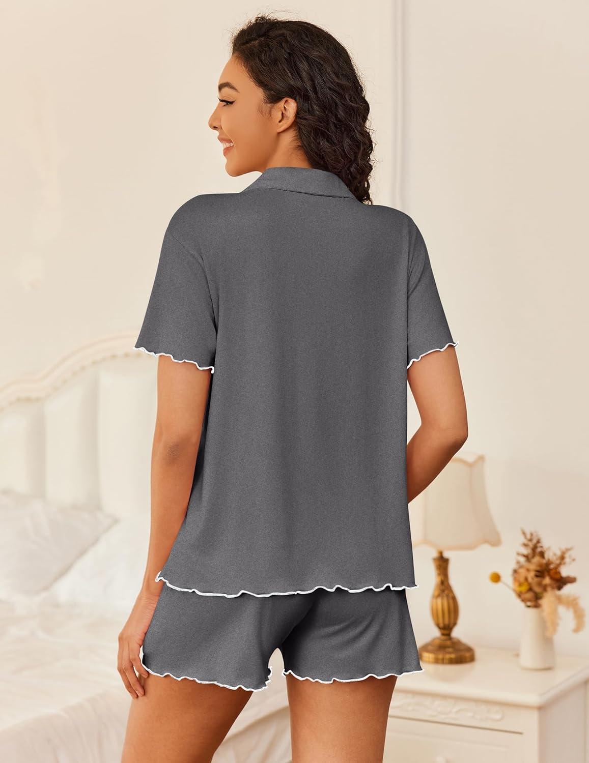 imageEkouaer Womens Pajama Sets Button Up Bride Pjs Set 2 Piece Soft Sleepwear Short Sleeve Lounge Sets with Shorts SXXLDark Grey