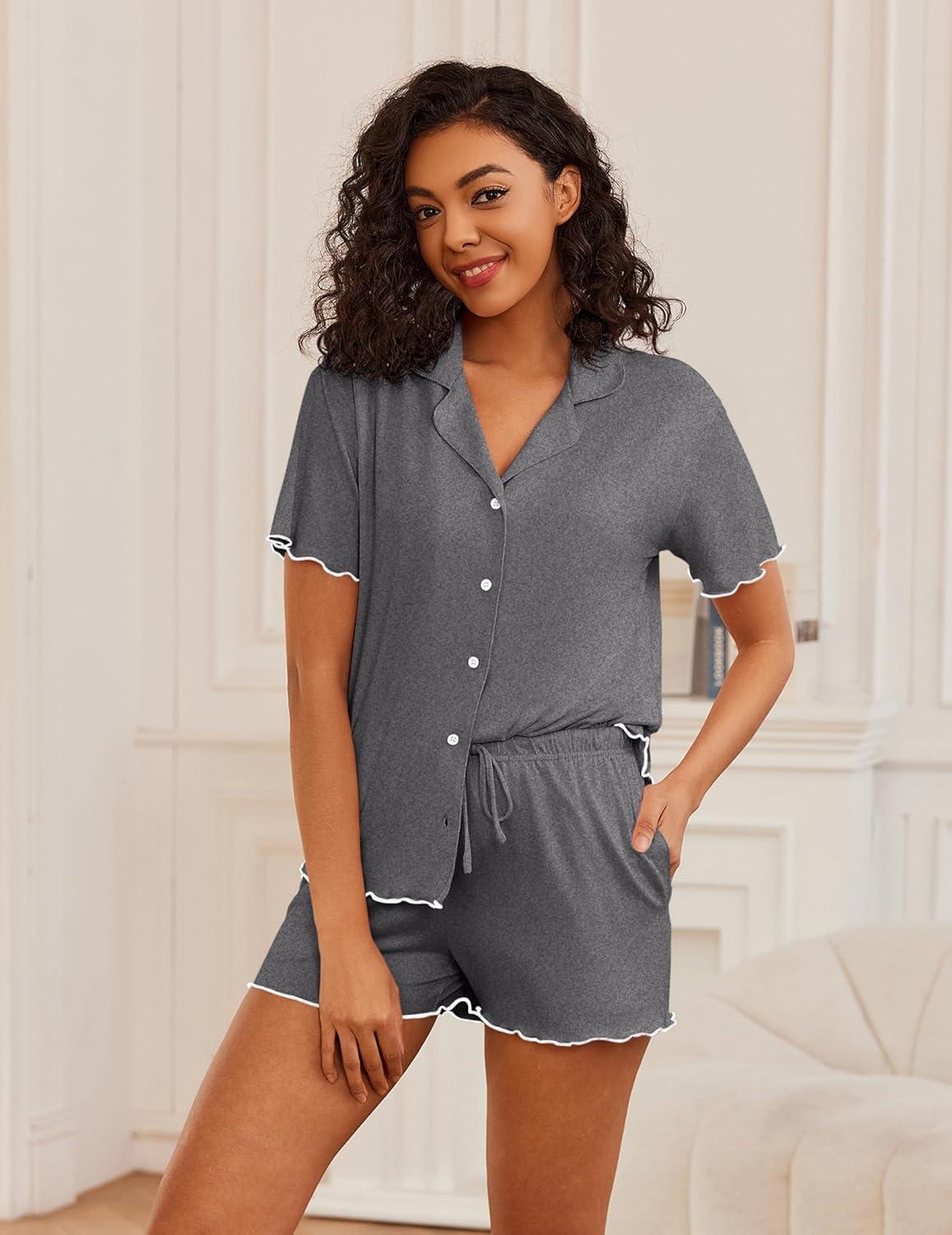 imageEkouaer Womens Pajama Sets Button Up Bride Pjs Set 2 Piece Soft Sleepwear Short Sleeve Lounge Sets with Shorts SXXLDark Grey