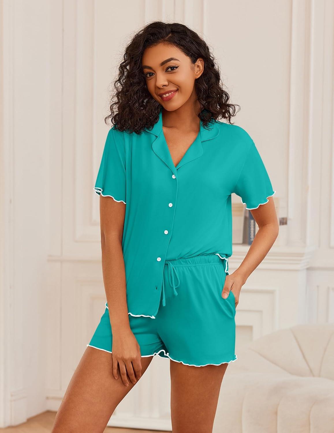 imageEkouaer Womens Pajama Sets Button Up Bride Pjs Set 2 Piece Soft Sleepwear Short Sleeve Lounge Sets with Shorts SXXLPeacock Blue