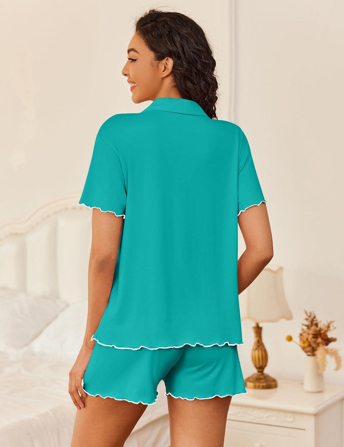 imageEkouaer Womens Pajama Sets Button Up Bride Pjs Set 2 Piece Soft Sleepwear Short Sleeve Lounge Sets with Shorts SXXLPeacock Blue