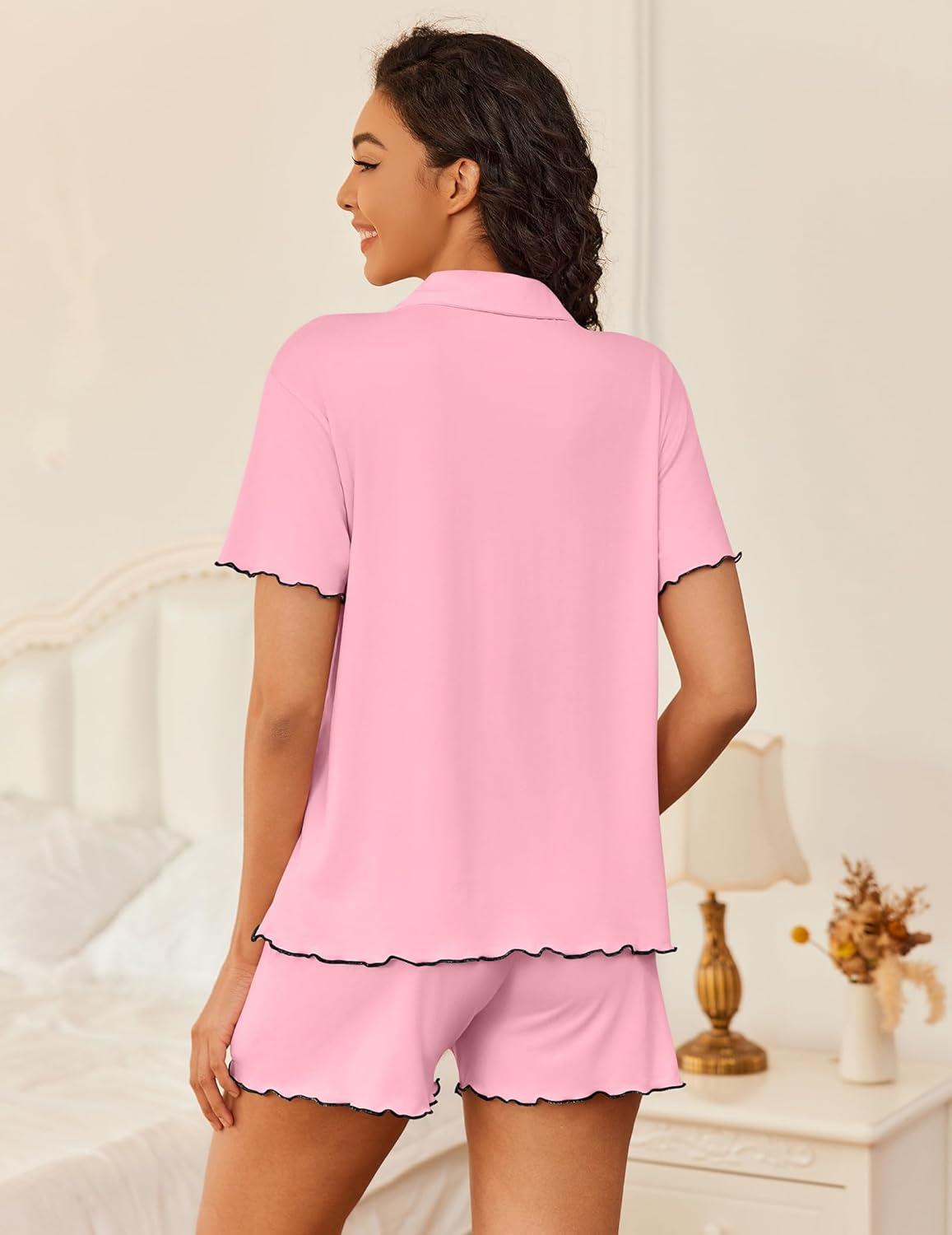 imageEkouaer Womens Pajama Sets Button Up Bride Pjs Set 2 Piece Soft Sleepwear Short Sleeve Lounge Sets with Shorts SXXLPink
