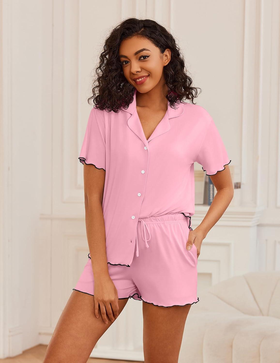 imageEkouaer Womens Pajama Sets Button Up Bride Pjs Set 2 Piece Soft Sleepwear Short Sleeve Lounge Sets with Shorts SXXLPink
