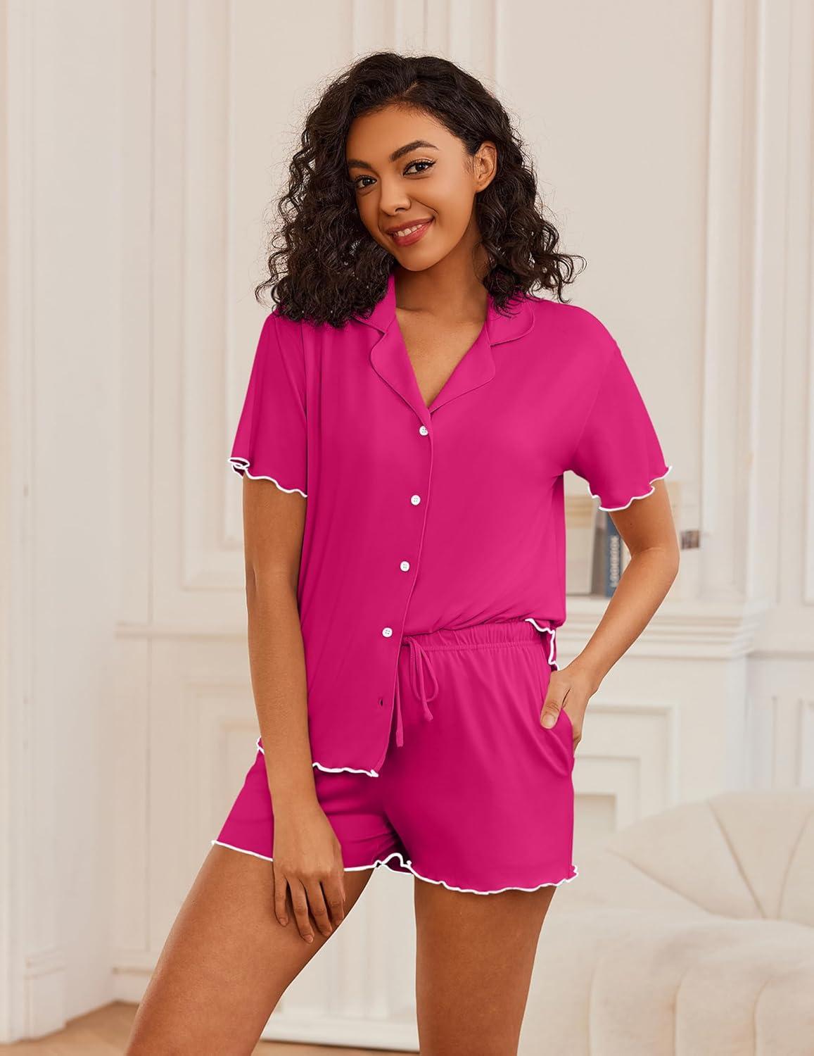 imageEkouaer Womens Pajama Sets Button Up Bride Pjs Set 2 Piece Soft Sleepwear Short Sleeve Lounge Sets with Shorts SXXLRose Red