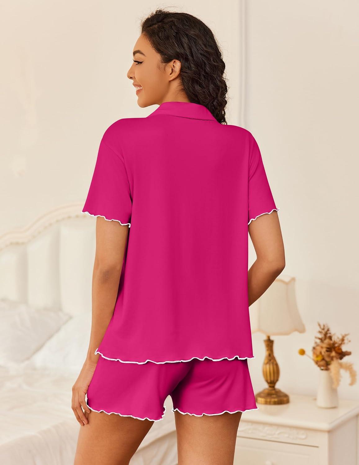 imageEkouaer Womens Pajama Sets Button Up Bride Pjs Set 2 Piece Soft Sleepwear Short Sleeve Lounge Sets with Shorts SXXLRose Red