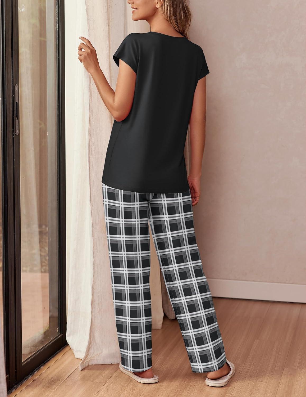 imageEkouaer Womens Pajama Sets Cap Sleeve Sleepwear Tops and Long Pants Comfy Pjs 2 Piece Lounge Set with Pockets SXXLBlack Plaid