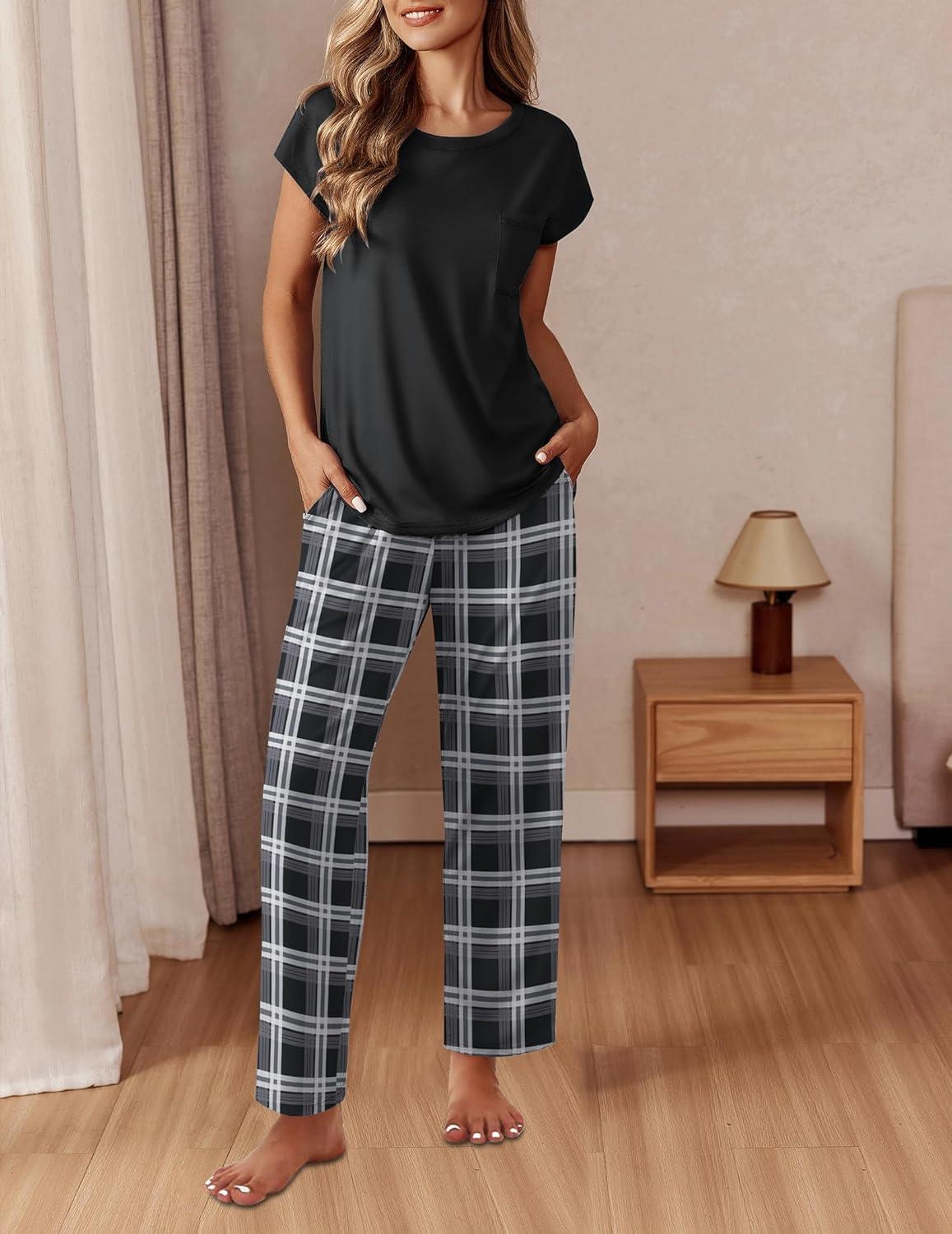 imageEkouaer Womens Pajama Sets Cap Sleeve Sleepwear Tops and Long Pants Comfy Pjs 2 Piece Lounge Set with Pockets SXXLBlack Plaid