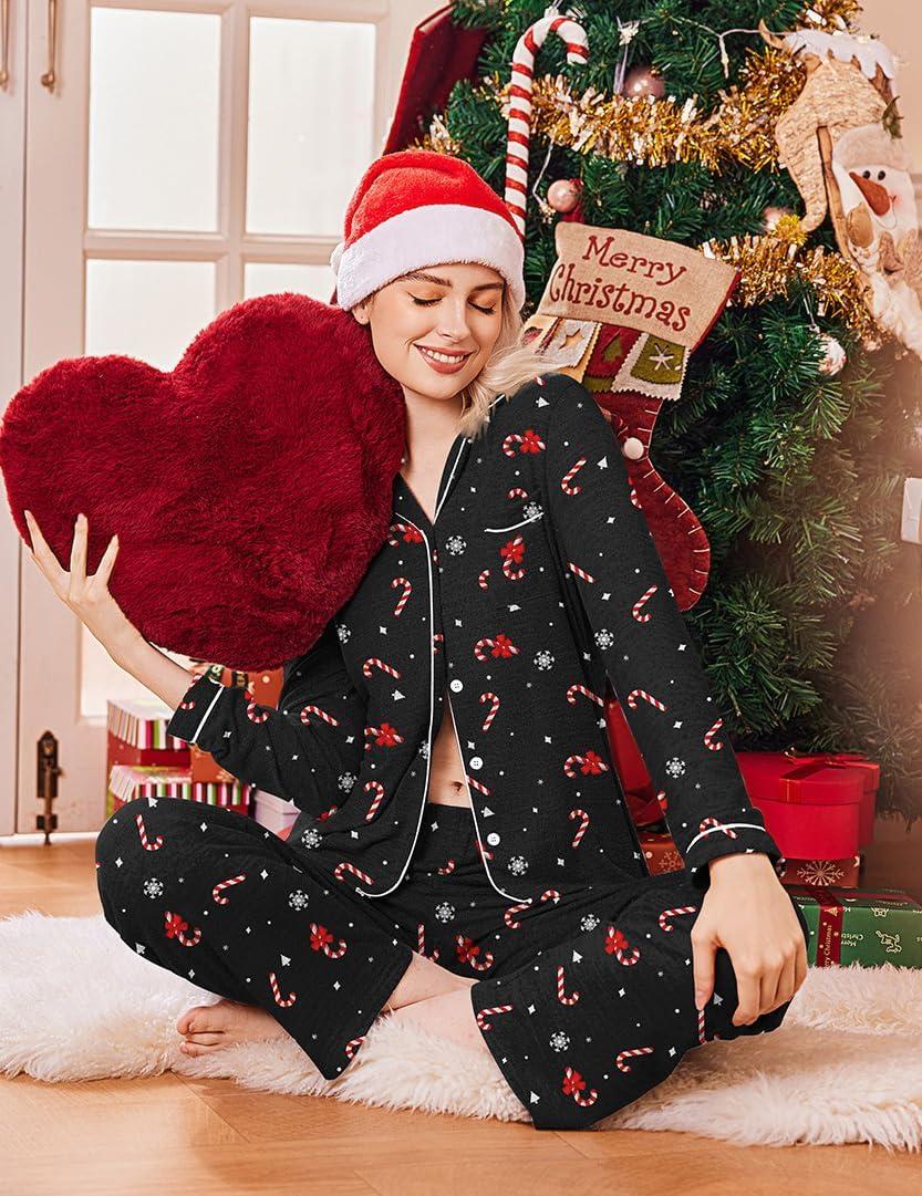 imageEkouaer Womens Pajama Sets Long Sleeve Sleepwear Comfy Button Down Nightwear Long Pants Pjs Lounge Set with Pockets SXXLChristmas Black