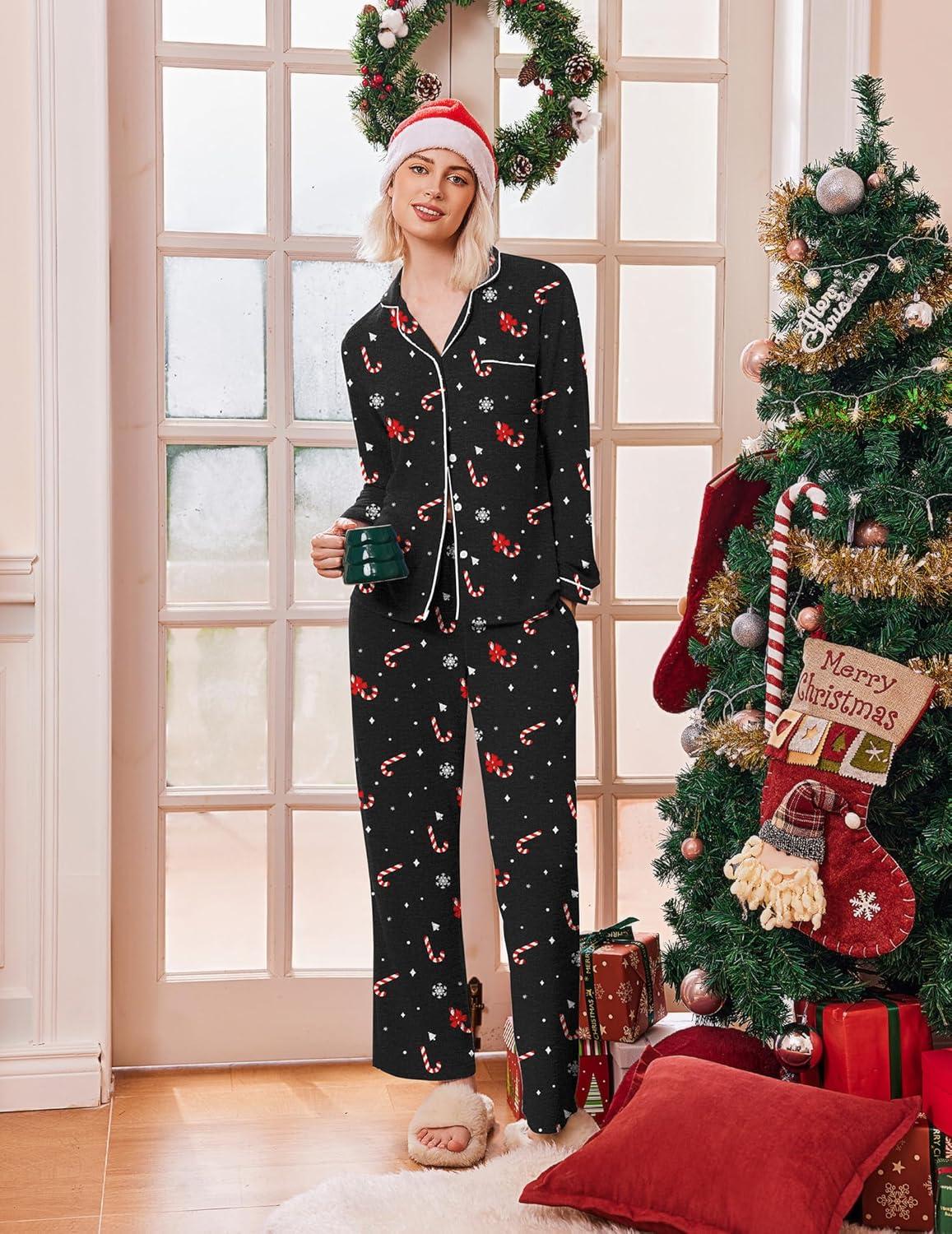 imageEkouaer Womens Pajama Sets Long Sleeve Sleepwear Comfy Button Down Nightwear Long Pants Pjs Lounge Set with Pockets SXXLChristmas Black