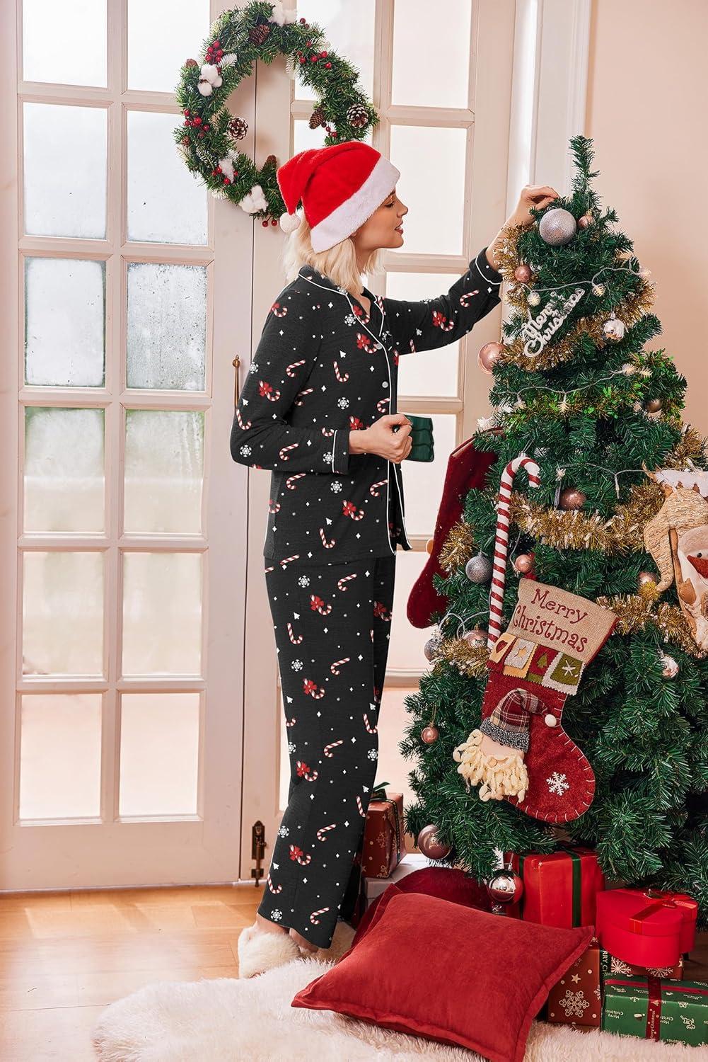 imageEkouaer Womens Pajama Sets Long Sleeve Sleepwear Comfy Button Down Nightwear Long Pants Pjs Lounge Set with Pockets SXXLChristmas Black