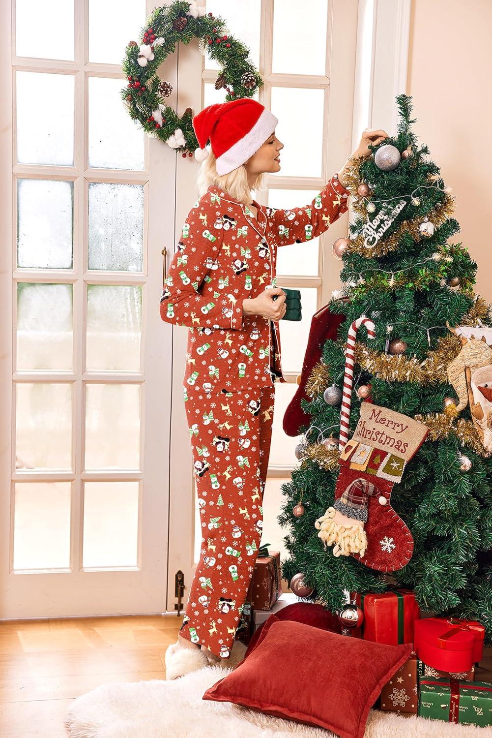 imageEkouaer Womens Pajama Sets Long Sleeve Sleepwear Comfy Button Down Nightwear Long Pants Pjs Lounge Set with Pockets SXXLChristmas Red