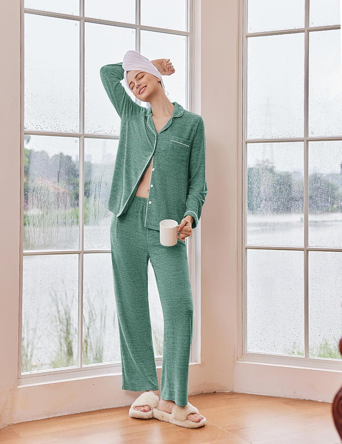 imageEkouaer Womens Pajama Sets Long Sleeve Sleepwear Comfy Button Down Nightwear Long Pants Pjs Lounge Set with Pockets SXXLGreen