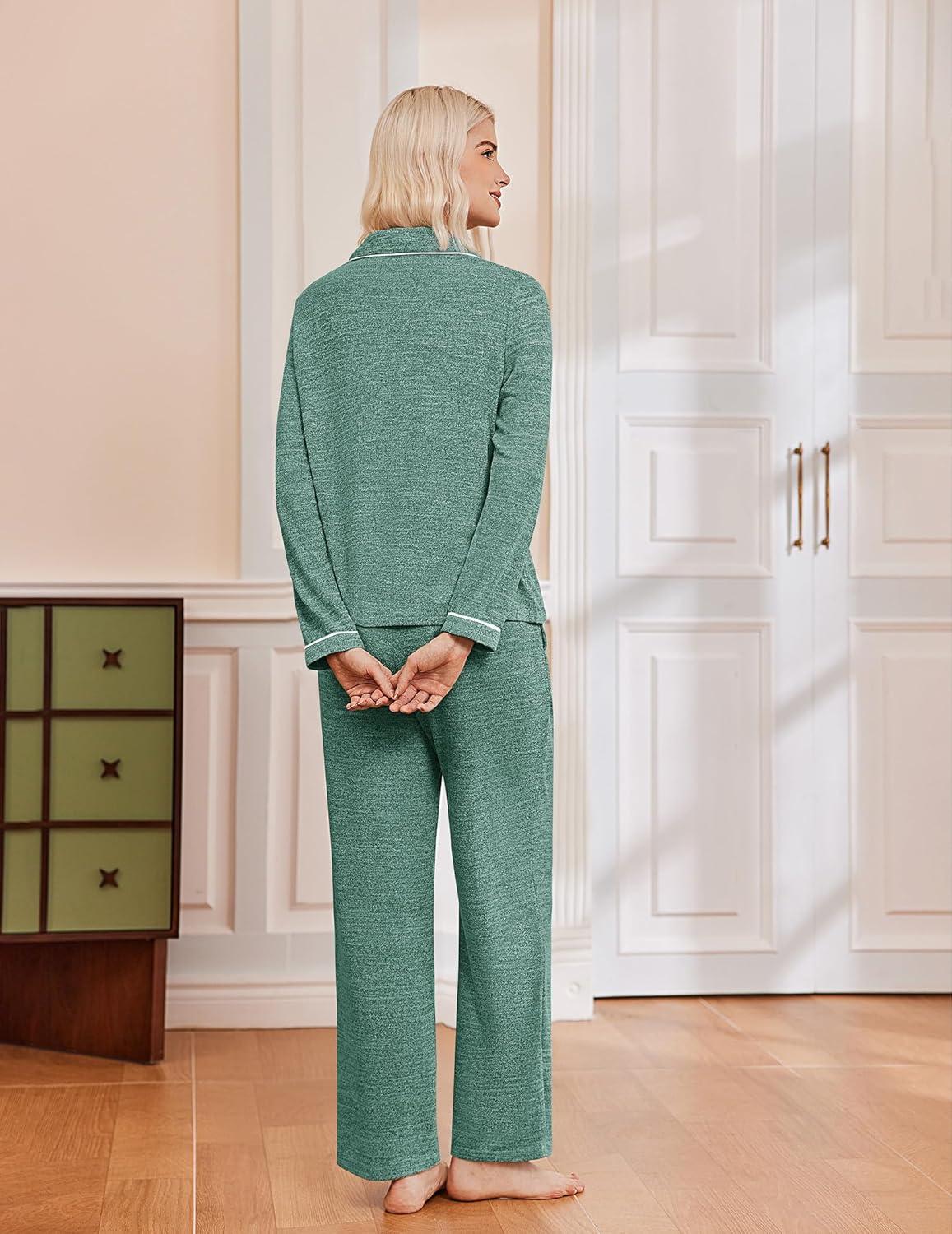 imageEkouaer Womens Pajama Sets Long Sleeve Sleepwear Comfy Button Down Nightwear Long Pants Pjs Lounge Set with Pockets SXXLGreen