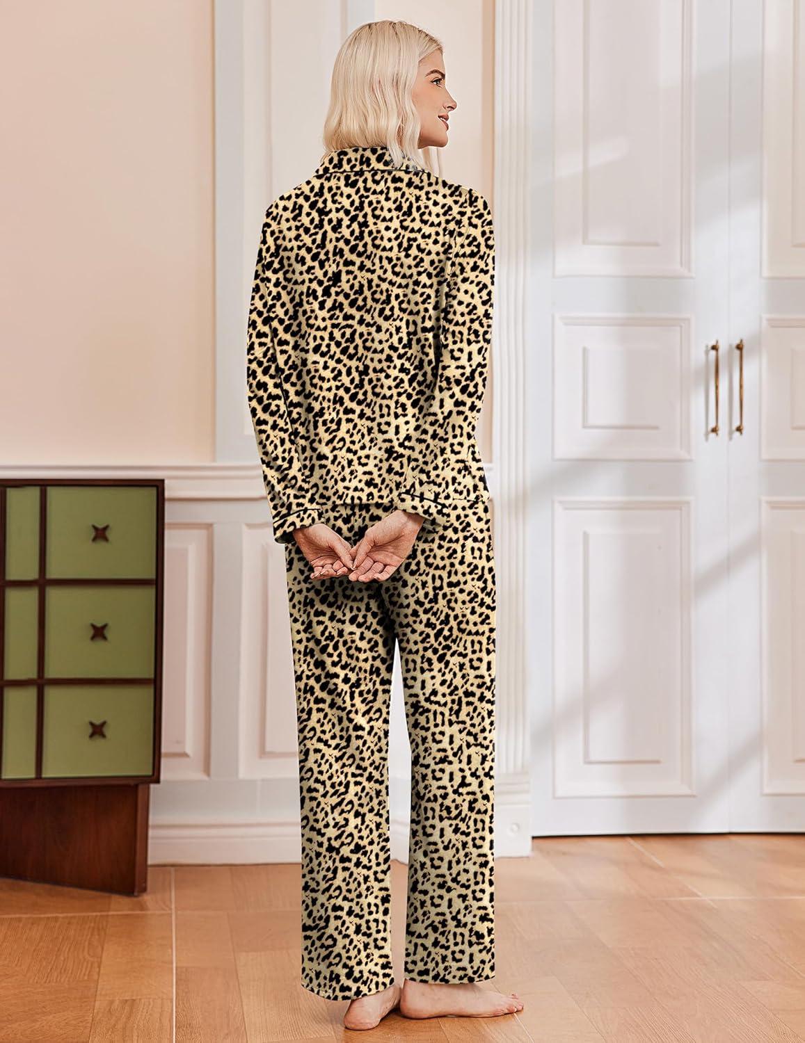 imageEkouaer Womens Pajama Sets Long Sleeve Sleepwear Comfy Button Down Nightwear Long Pants Pjs Lounge Set with Pockets SXXLLeopard Apricot Black