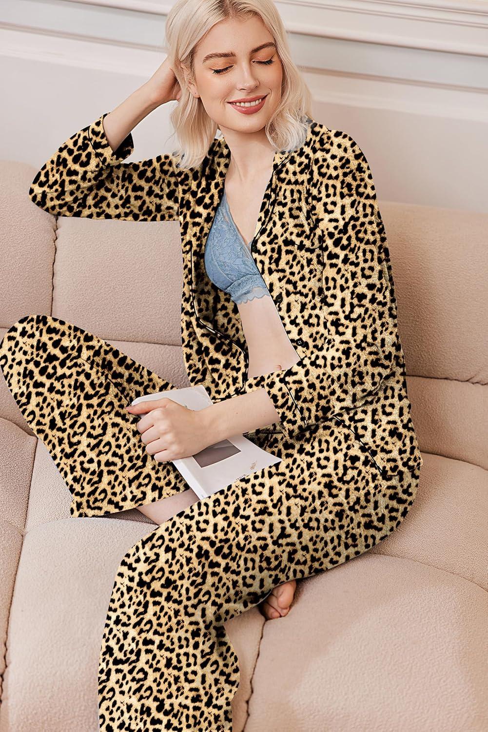 imageEkouaer Womens Pajama Sets Long Sleeve Sleepwear Comfy Button Down Nightwear Long Pants Pjs Lounge Set with Pockets SXXLLeopard Apricot Black