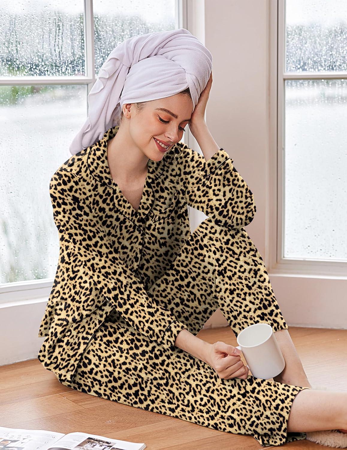 imageEkouaer Womens Pajama Sets Long Sleeve Sleepwear Comfy Button Down Nightwear Long Pants Pjs Lounge Set with Pockets SXXLLeopard Apricot Black