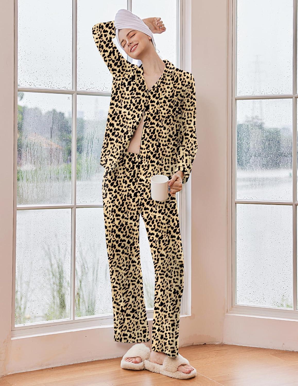 imageEkouaer Womens Pajama Sets Long Sleeve Sleepwear Comfy Button Down Nightwear Long Pants Pjs Lounge Set with Pockets SXXLLeopard Apricot Black