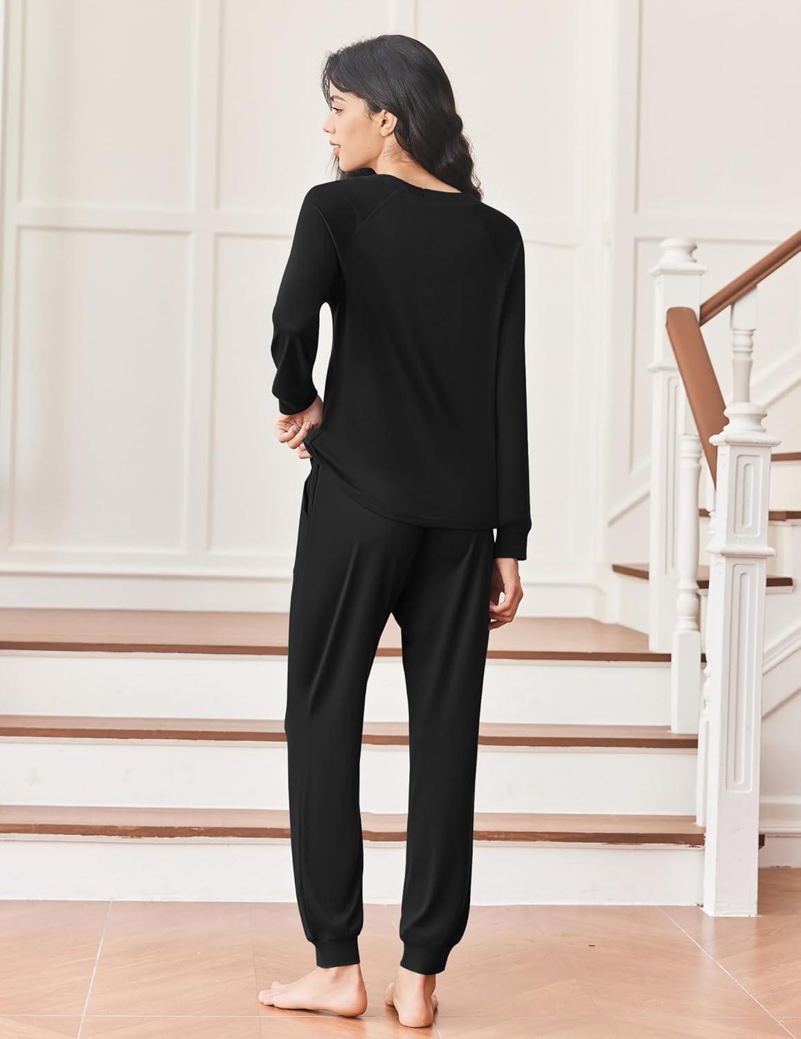 imageEkouaer Womens Pajamas Long Sleeve Jogger Sets Comfy Pjs Soft Loungewear 2 Piece Lounge Sets with Pockets SXXLBlack