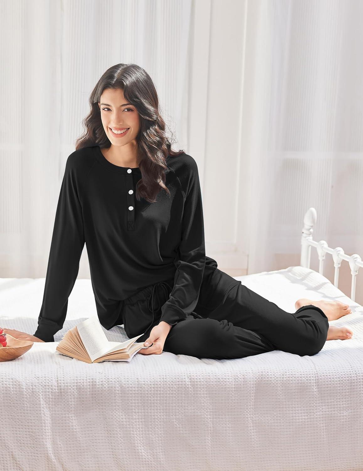 imageEkouaer Womens Pajamas Long Sleeve Jogger Sets Comfy Pjs Soft Loungewear 2 Piece Lounge Sets with Pockets SXXLBlack