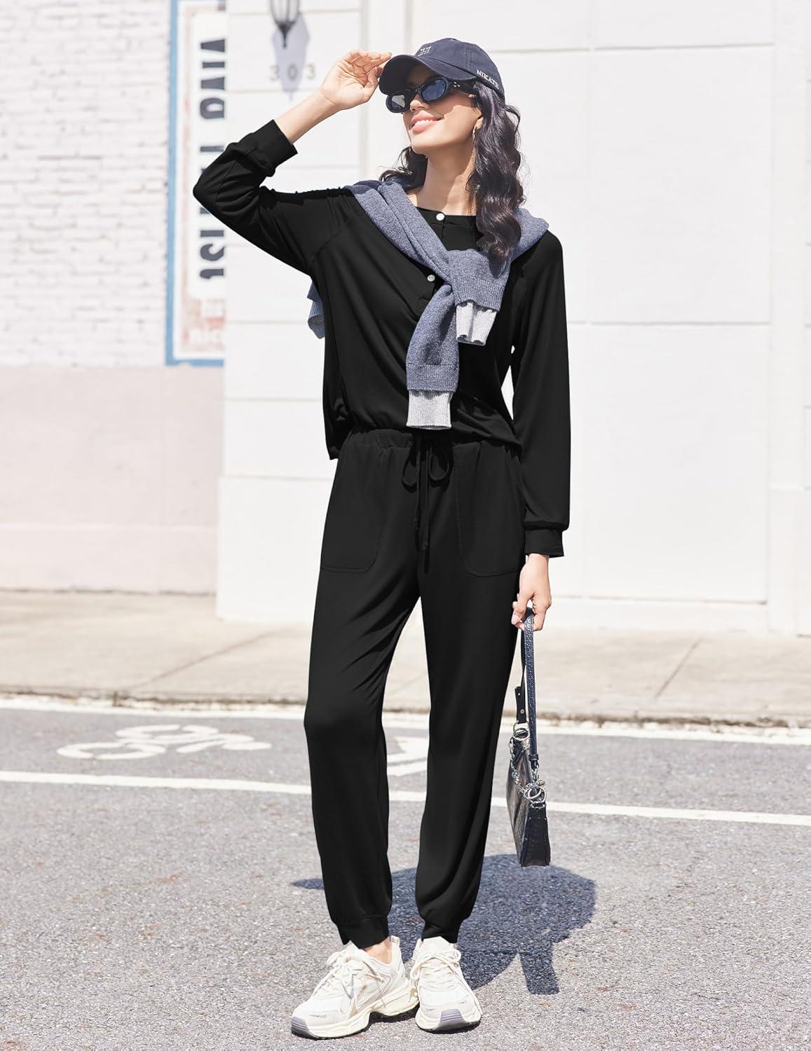 imageEkouaer Womens Pajamas Long Sleeve Jogger Sets Comfy Pjs Soft Loungewear 2 Piece Lounge Sets with Pockets SXXLBlack