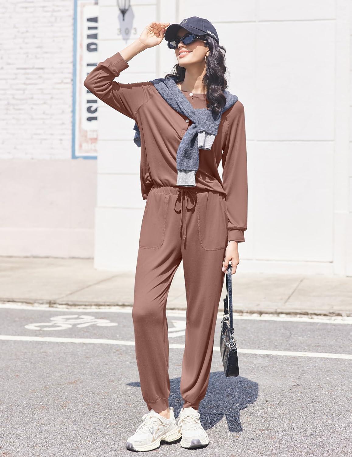 imageEkouaer Womens Pajamas Long Sleeve Jogger Sets Comfy Pjs Soft Loungewear 2 Piece Lounge Sets with Pockets SXXLBrown