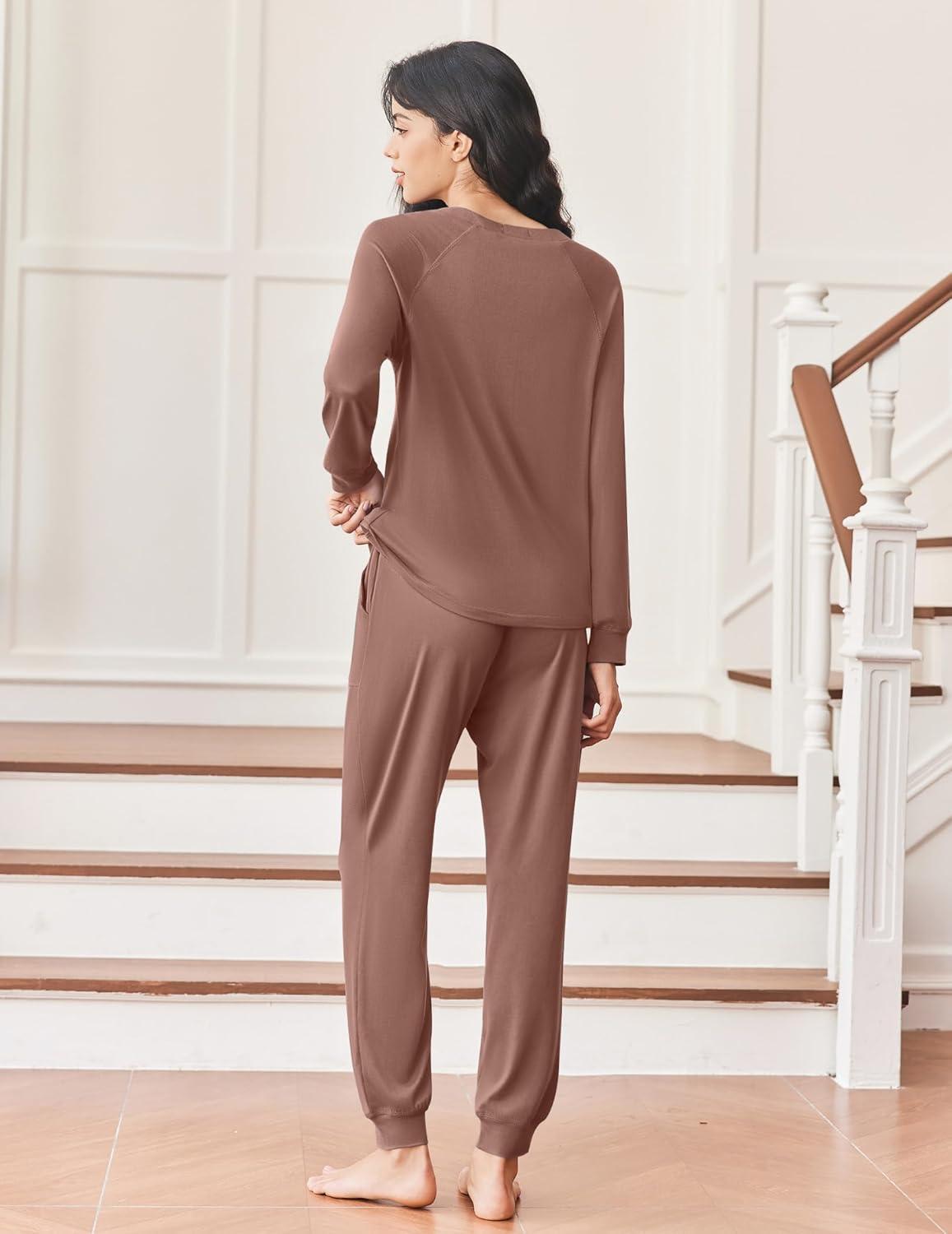 imageEkouaer Womens Pajamas Long Sleeve Jogger Sets Comfy Pjs Soft Loungewear 2 Piece Lounge Sets with Pockets SXXLBrown