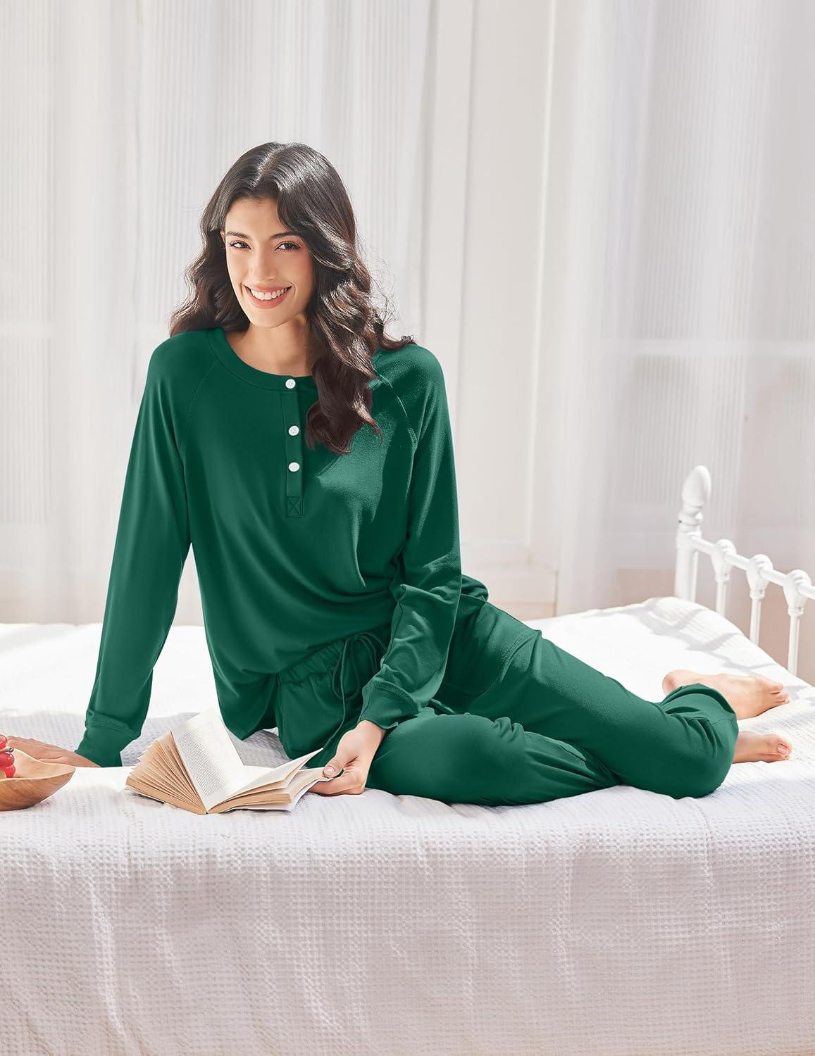 imageEkouaer Womens Pajamas Long Sleeve Jogger Sets Comfy Pjs Soft Loungewear 2 Piece Lounge Sets with Pockets SXXLDark Green