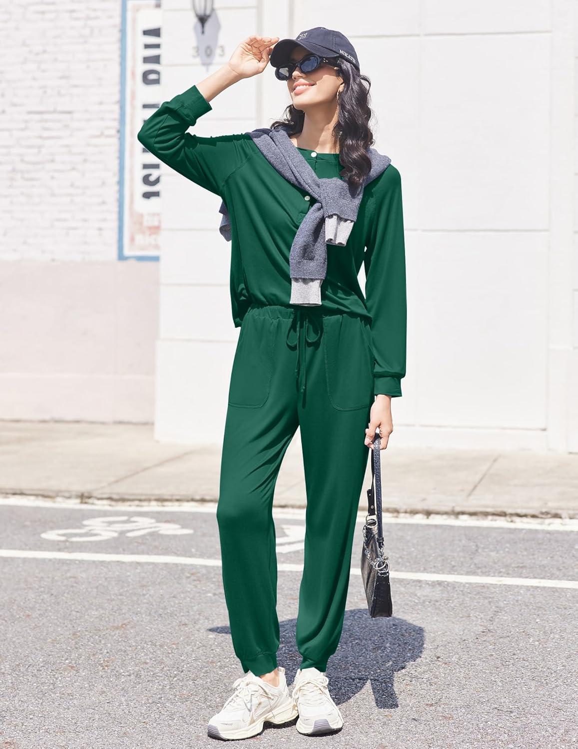 imageEkouaer Womens Pajamas Long Sleeve Jogger Sets Comfy Pjs Soft Loungewear 2 Piece Lounge Sets with Pockets SXXLDark Green