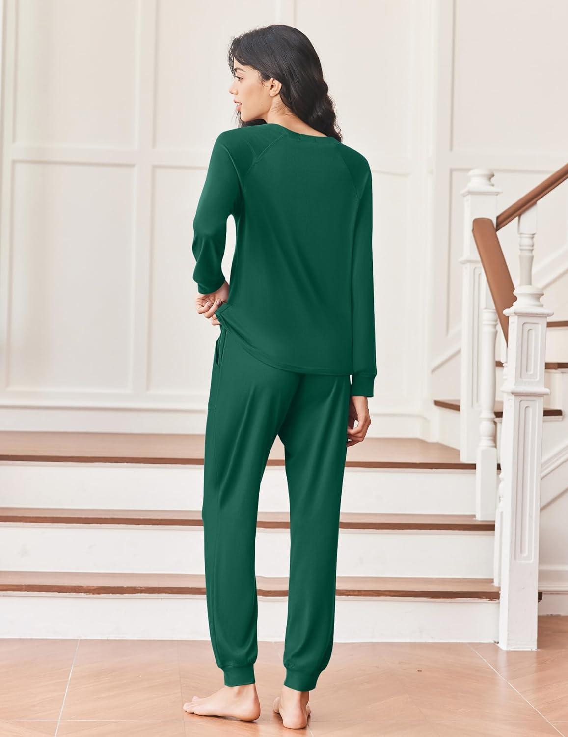 imageEkouaer Womens Pajamas Long Sleeve Jogger Sets Comfy Pjs Soft Loungewear 2 Piece Lounge Sets with Pockets SXXLDark Green