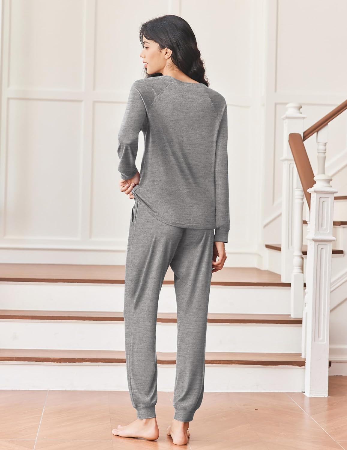 imageEkouaer Womens Pajamas Long Sleeve Jogger Sets Comfy Pjs Soft Loungewear 2 Piece Lounge Sets with Pockets SXXLDark Grey