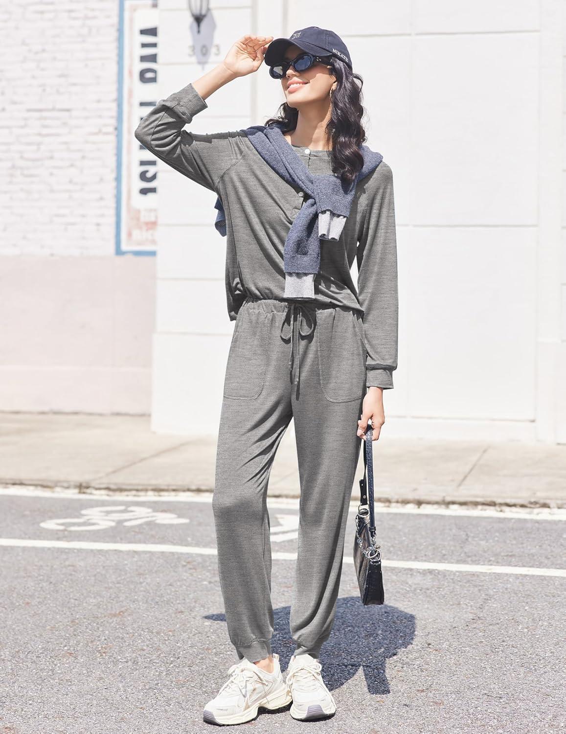imageEkouaer Womens Pajamas Long Sleeve Jogger Sets Comfy Pjs Soft Loungewear 2 Piece Lounge Sets with Pockets SXXLDark Grey
