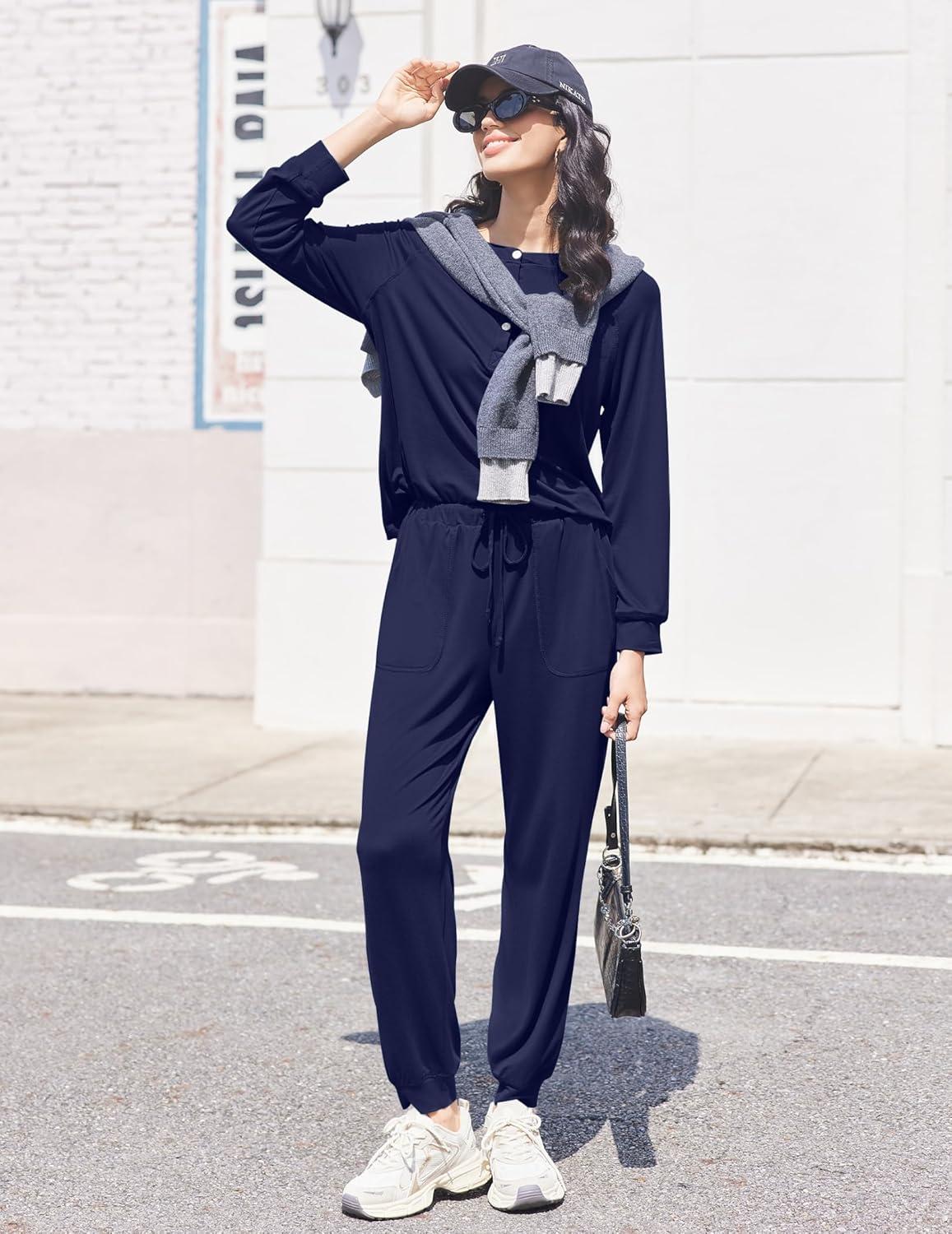 imageEkouaer Womens Pajamas Long Sleeve Jogger Sets Comfy Pjs Soft Loungewear 2 Piece Lounge Sets with Pockets SXXLNavy Blue