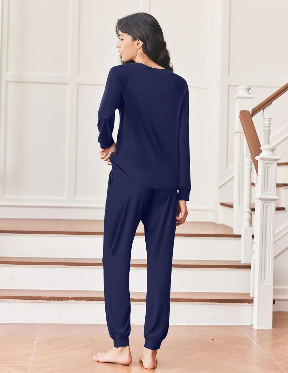 imageEkouaer Womens Pajamas Long Sleeve Jogger Sets Comfy Pjs Soft Loungewear 2 Piece Lounge Sets with Pockets SXXLNavy Blue