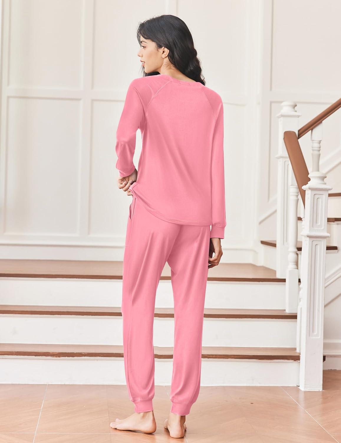 imageEkouaer Womens Pajamas Long Sleeve Jogger Sets Comfy Pjs Soft Loungewear 2 Piece Lounge Sets with Pockets SXXLRose
