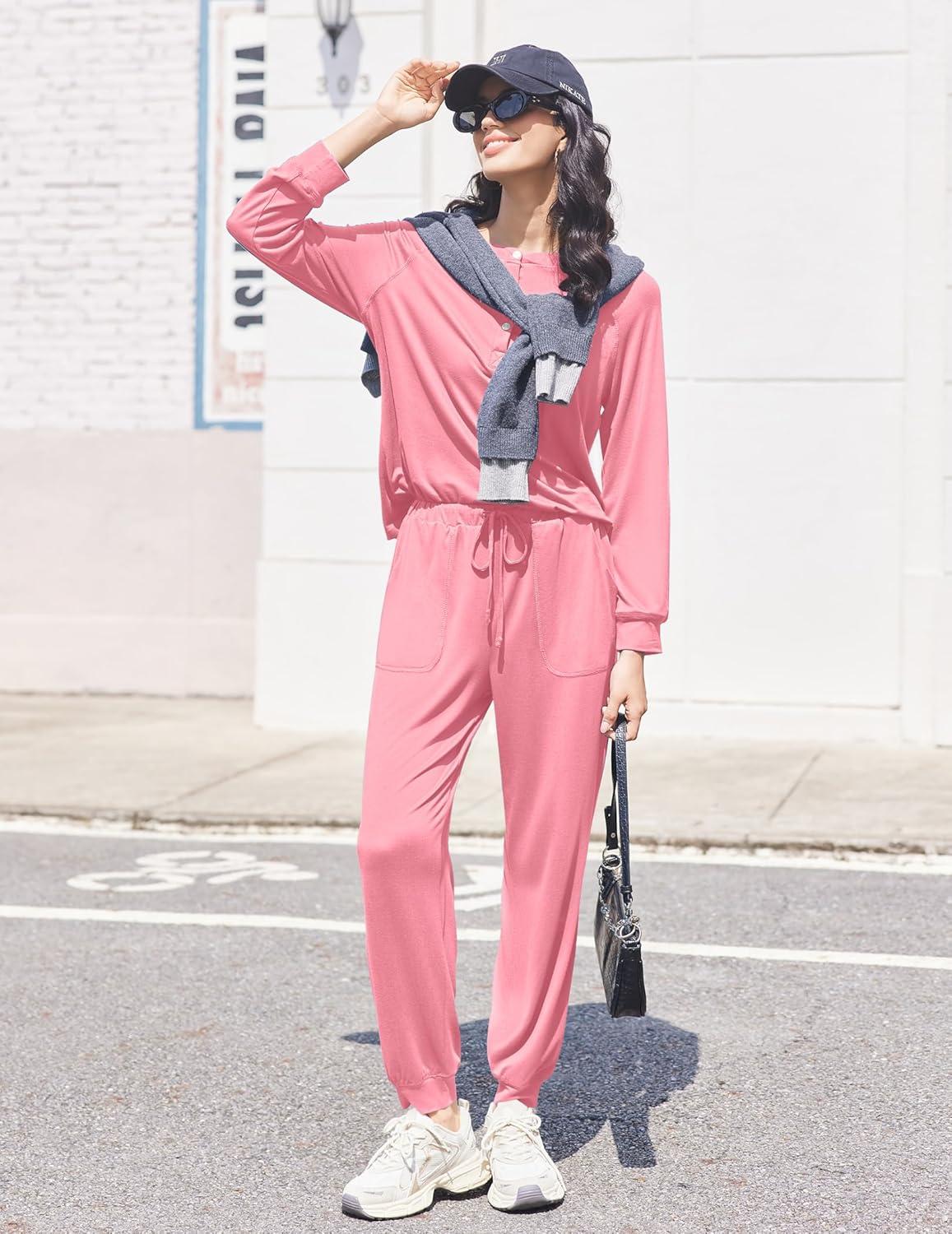imageEkouaer Womens Pajamas Long Sleeve Jogger Sets Comfy Pjs Soft Loungewear 2 Piece Lounge Sets with Pockets SXXLRose