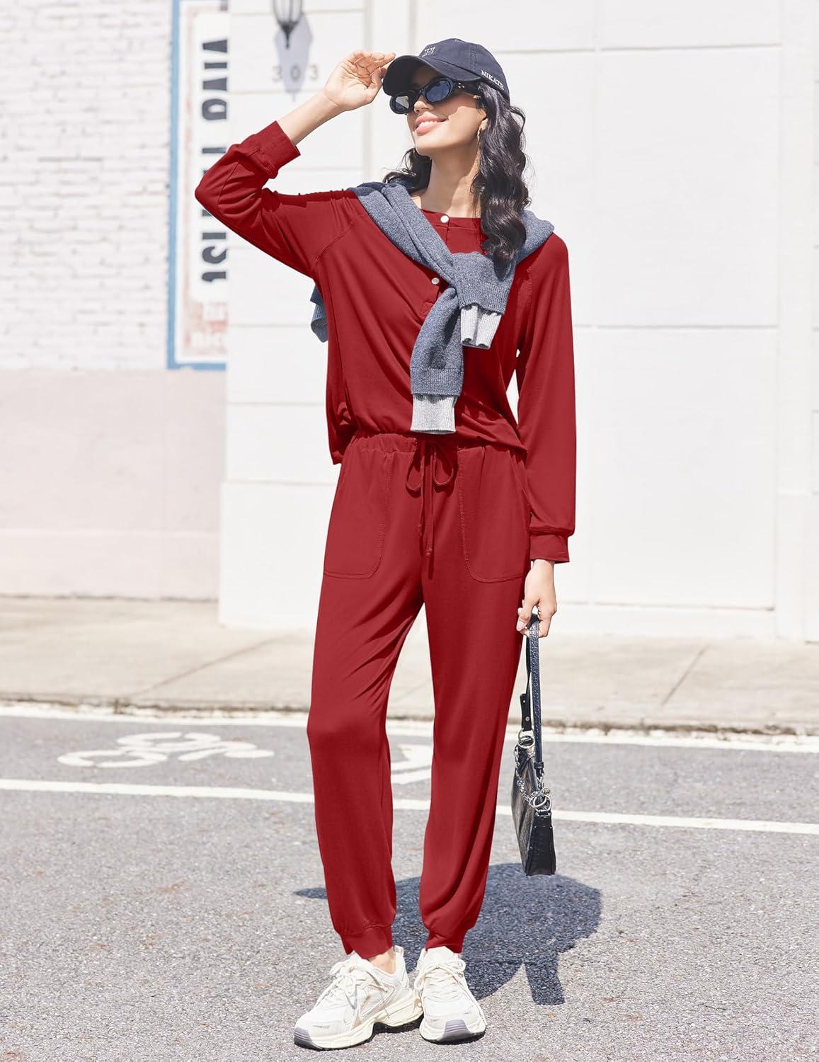 imageEkouaer Womens Pajamas Long Sleeve Jogger Sets Comfy Pjs Soft Loungewear 2 Piece Lounge Sets with Pockets SXXLWine Red
