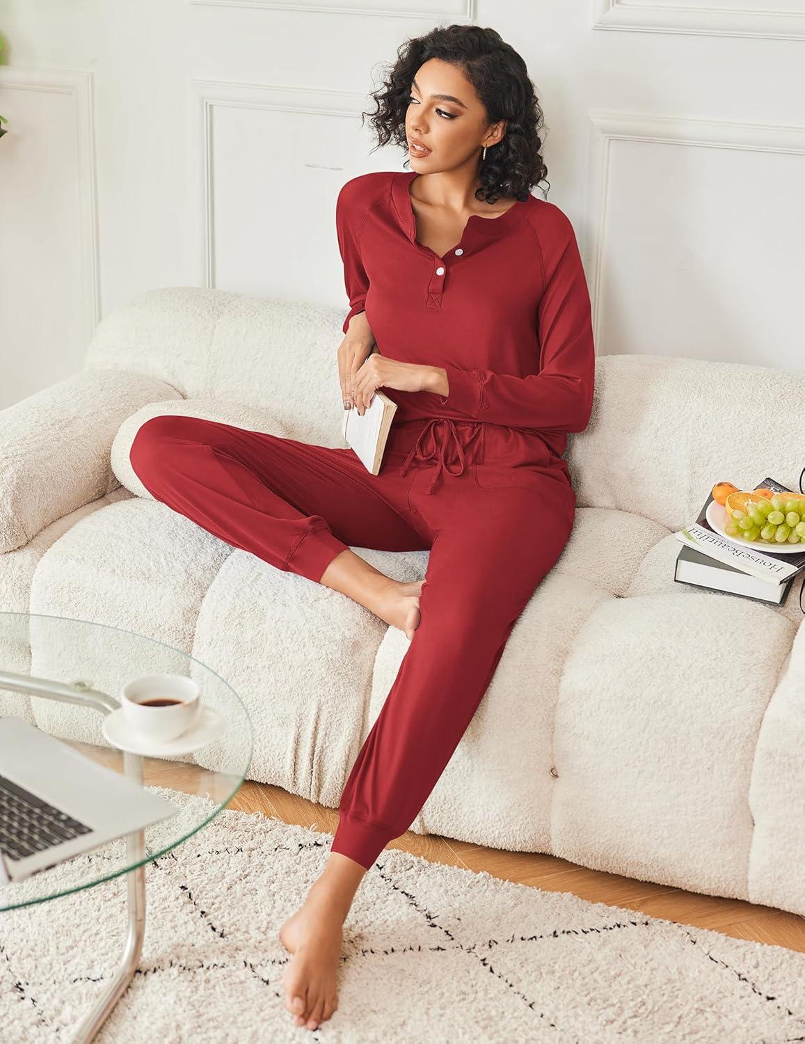 imageEkouaer Womens Pajamas Long Sleeve Jogger Sets Comfy Pjs Soft Loungewear 2 Piece Lounge Sets with Pockets SXXLWine Red