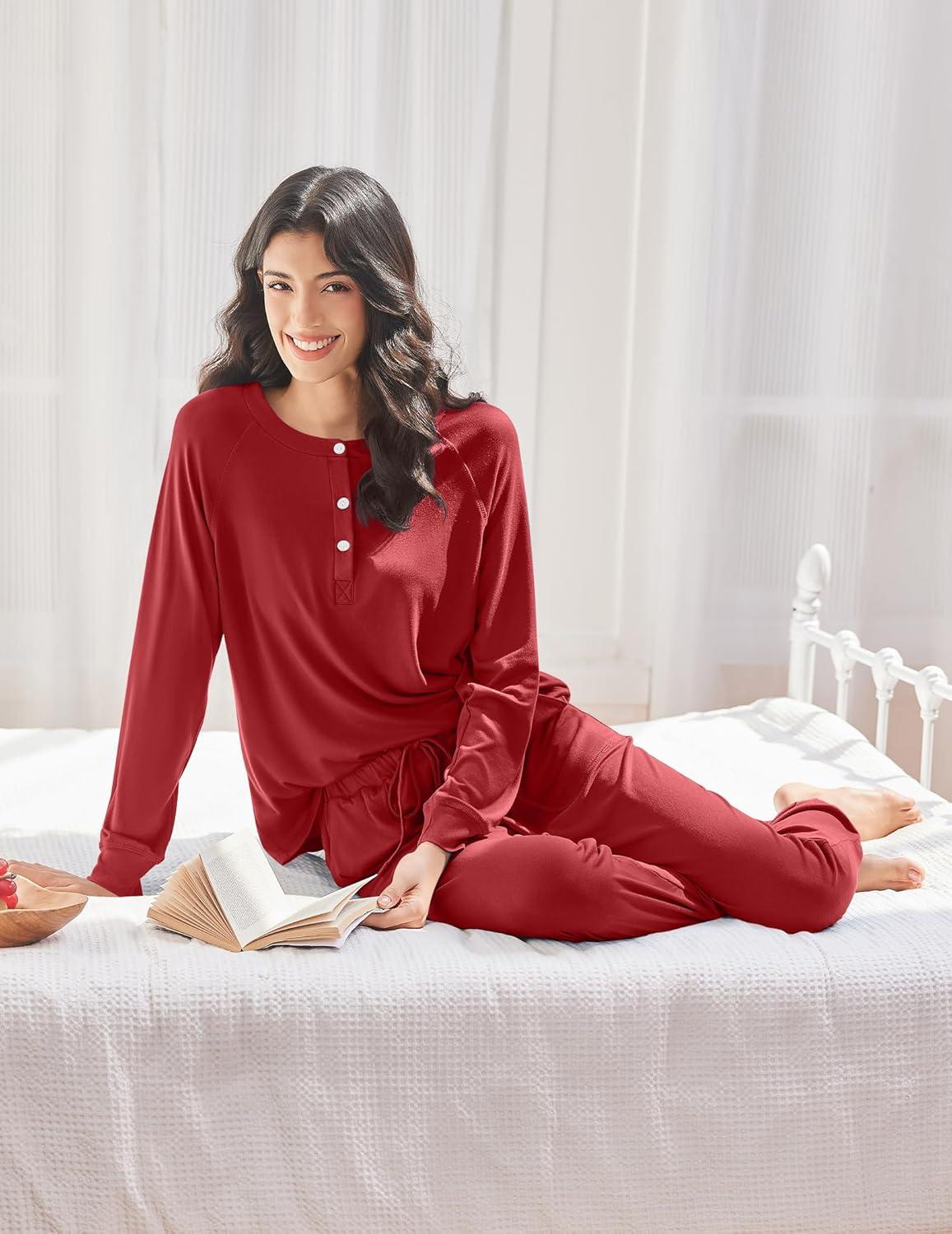 imageEkouaer Womens Pajamas Long Sleeve Jogger Sets Comfy Pjs Soft Loungewear 2 Piece Lounge Sets with Pockets SXXLWine Red