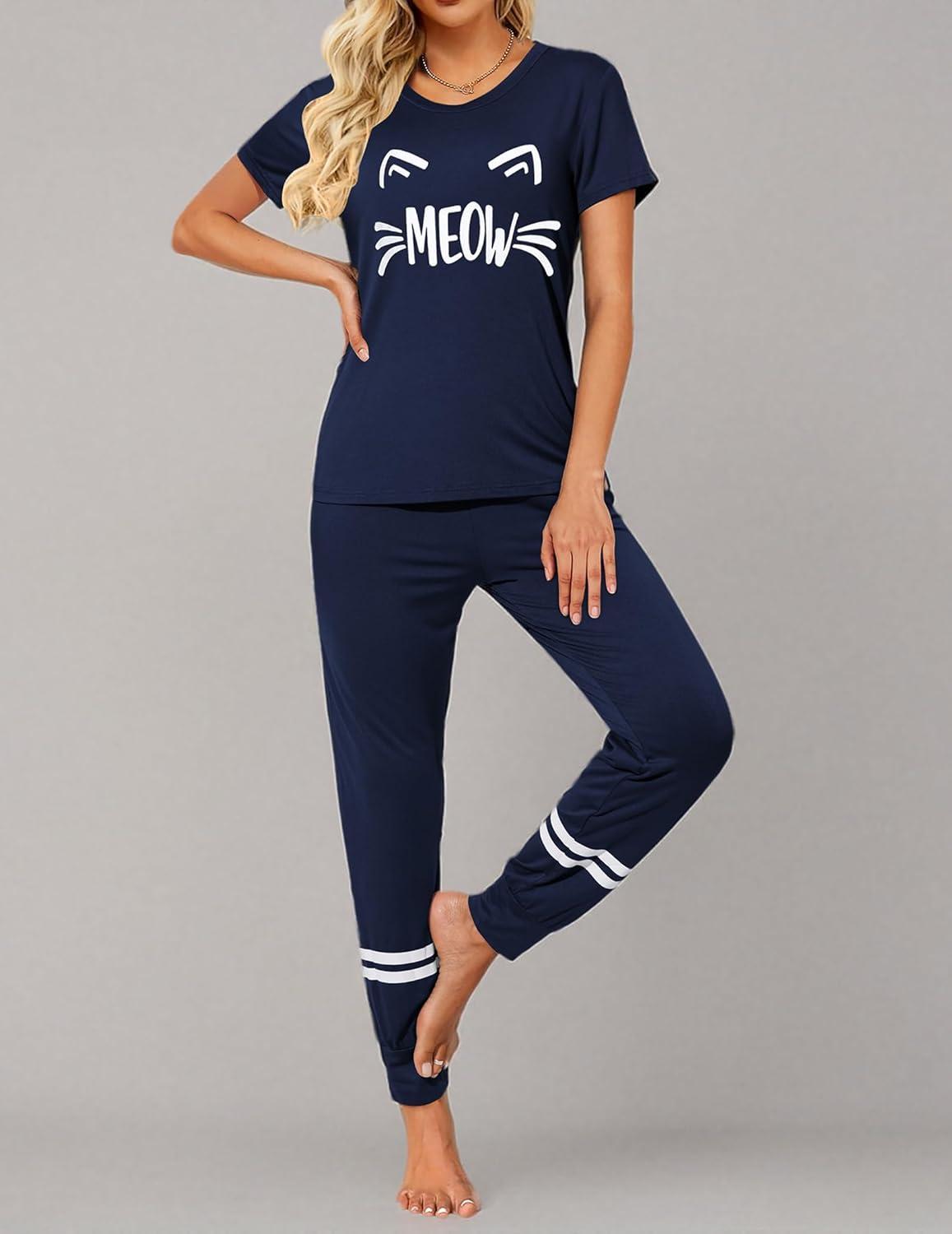 imageEkouaer Womens Pajamas Set 2 Piece Lounge Pj Set Short Sleeve Sleepwear Tops with Joggers Pants Loungewear Print NightwearNavy Blue