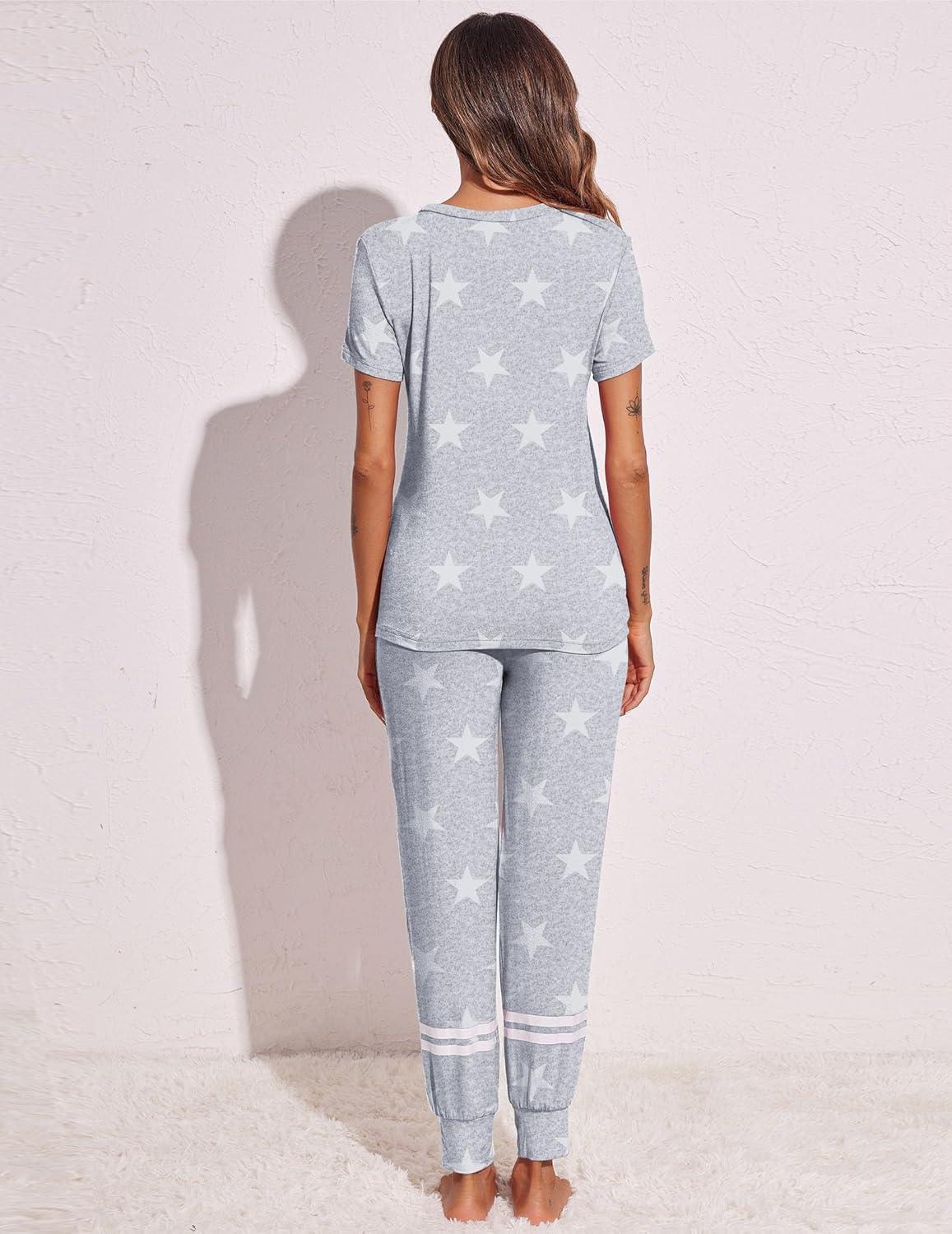 imageEkouaer Womens Pajamas Set 2 Piece Lounge Pj Set Short Sleeve Sleepwear Tops with Joggers Pants Loungewear Print NightwearPattern4
