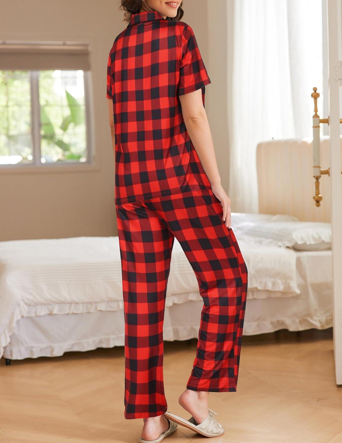 imageEkouaer Womens Pajamas Set Plaid PJs Soft Button Down Sleepwear Short Sleeve Nightwear with Long PantsBig Red Plaid