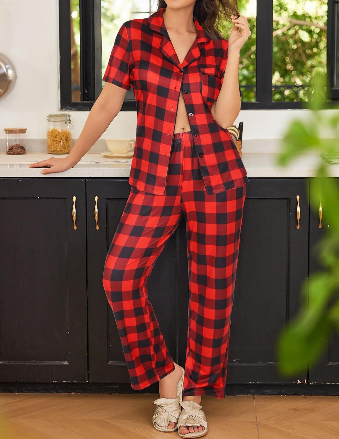 imageEkouaer Womens Pajamas Set Plaid PJs Soft Button Down Sleepwear Short Sleeve Nightwear with Long PantsBig Red Plaid