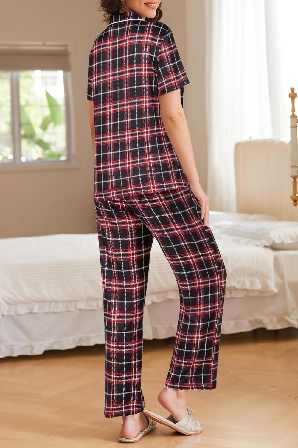 imageEkouaer Womens Pajamas Set Plaid PJs Soft Button Down Sleepwear Short Sleeve Nightwear with Long PantsSmall Red Plaid