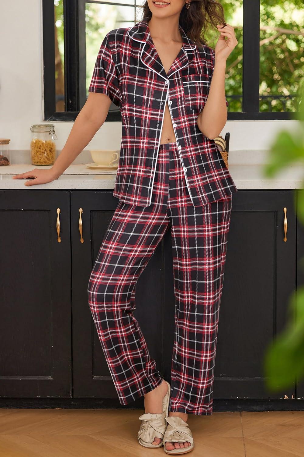 imageEkouaer Womens Pajamas Set Plaid PJs Soft Button Down Sleepwear Short Sleeve Nightwear with Long PantsSmall Red Plaid