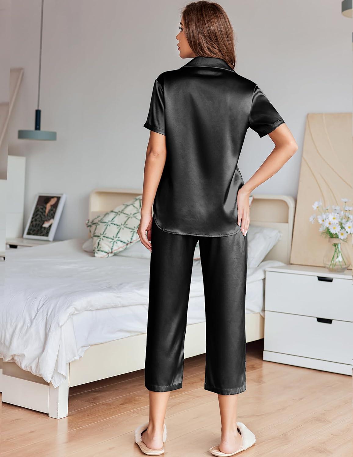 imageEkouaer Womens Satin Pajamas Silk Capri Pjs 2 Piece Lounge Sets Short Sleeve Button Down SleepwearBlack